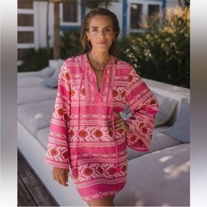 Johanna Ortiz Apurimac Mini Dress Pink Long Sleeve Lined Tassel Tunic 8